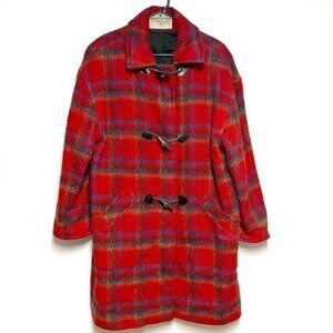 Rare 80 s Vintage Red Plaid Yugoslavian Wool Toggle Duffle Coat Women s Sz XL